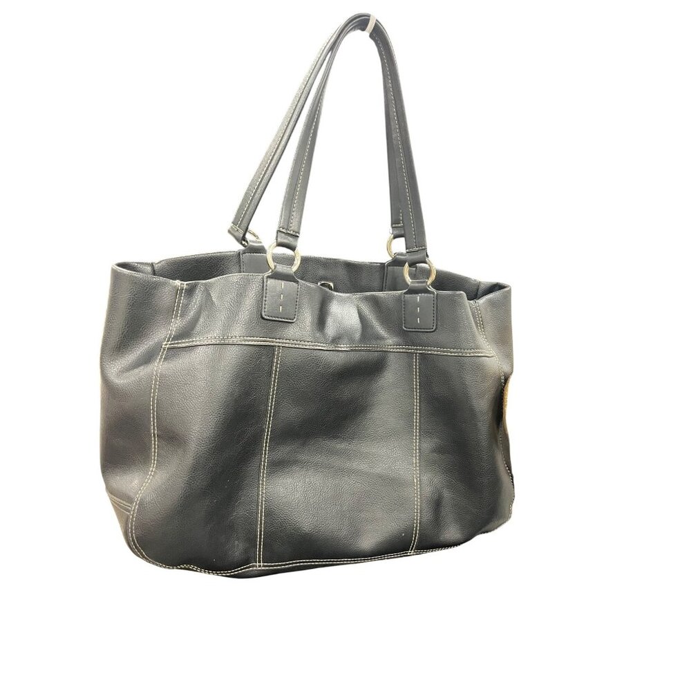 Liz Claiborne Black Leather Tote Bag With Plaid Interior & Detachable Wallet
